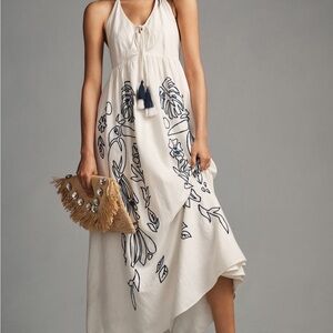 FARM Rio White Halter Maxi Dress with Embroidered Floral Design